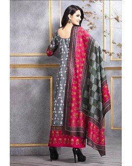 Salwar Suit- Pure Cotton with Self Print - Gray and Pink  (Un Stitched)